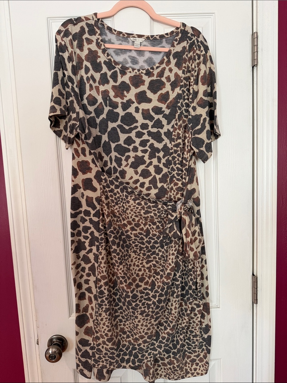 Cato Animal Print Tie-Detail Midi Dress in Brown and Black